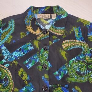 Life Style Woman Black Paisley Geometric Cotton Button Down Shirt 2X Hippie Boho